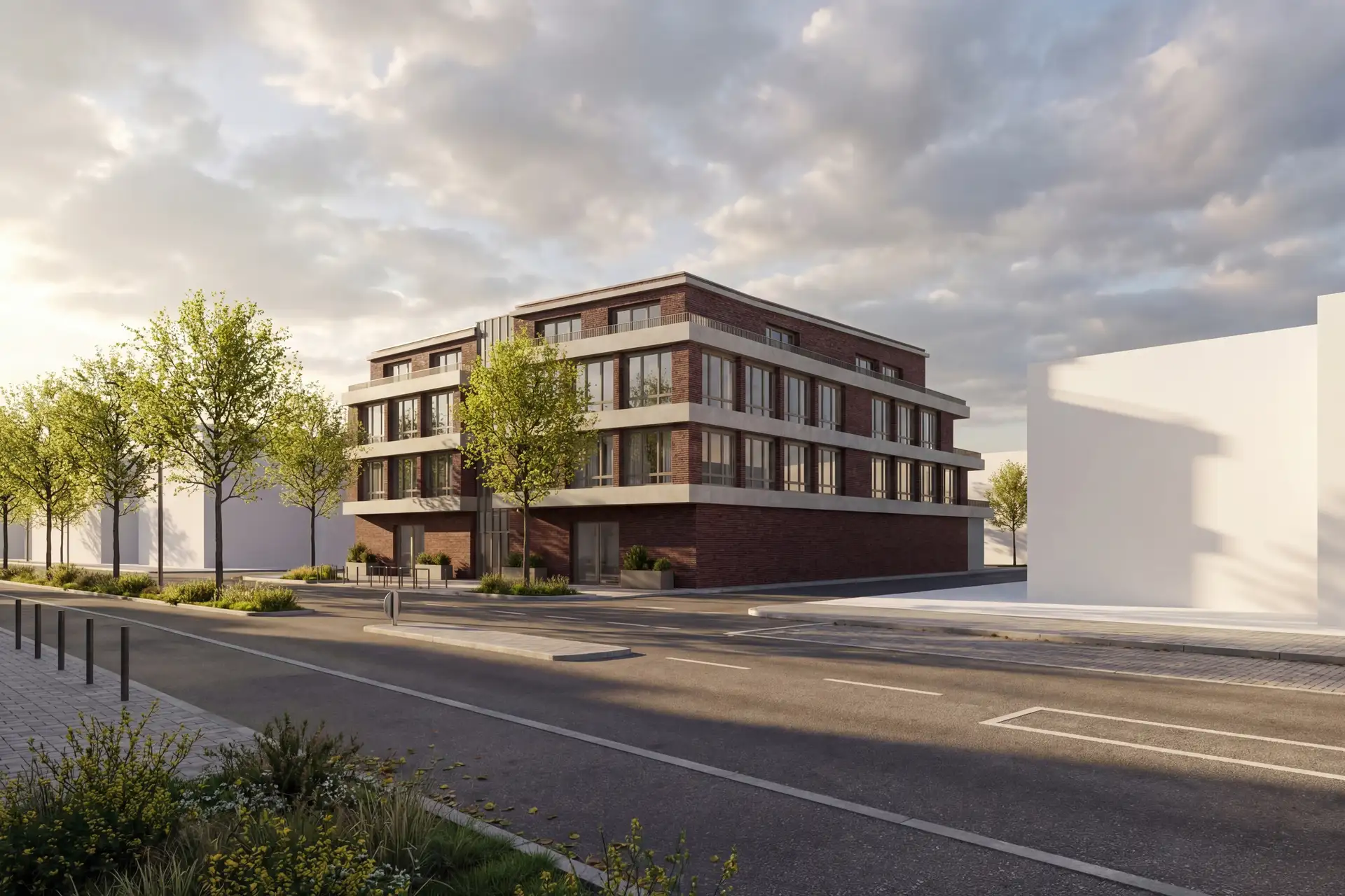 Visualisierung eines Mehrfamilienhauses mit Klinkerfassade an einer Straßenecke – KfW- und QNG-Projekt in Borken