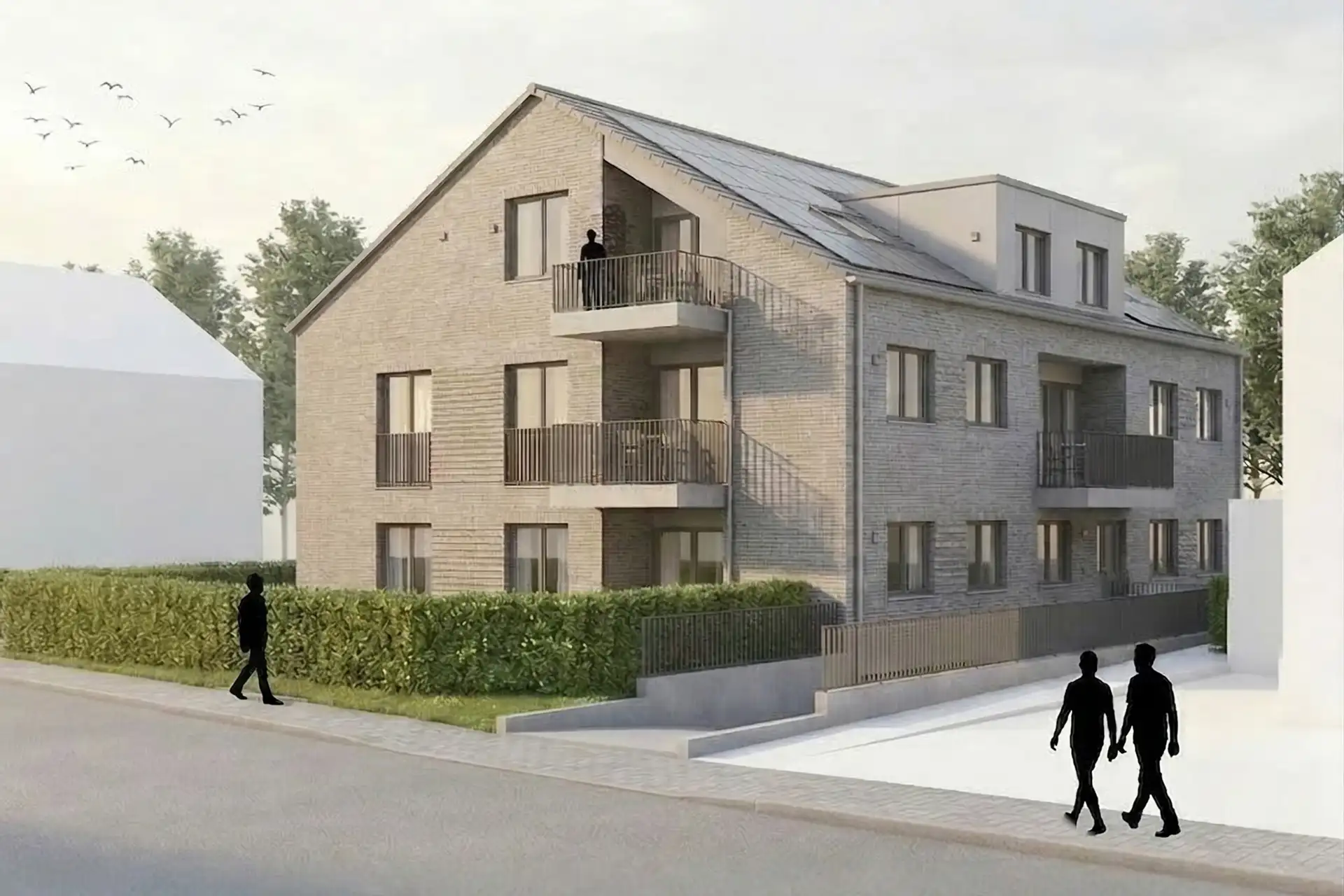 Visualisierung eines Mehrfamilienhauses mit hellem Klinker und Balkonen nach KfW- und QNG-Standard