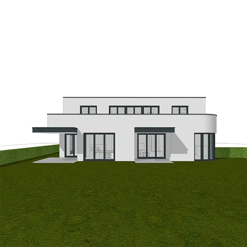 3D-Modell eines modernen Doppelhauses mit Flachdach als Grundlage der Visualisierung