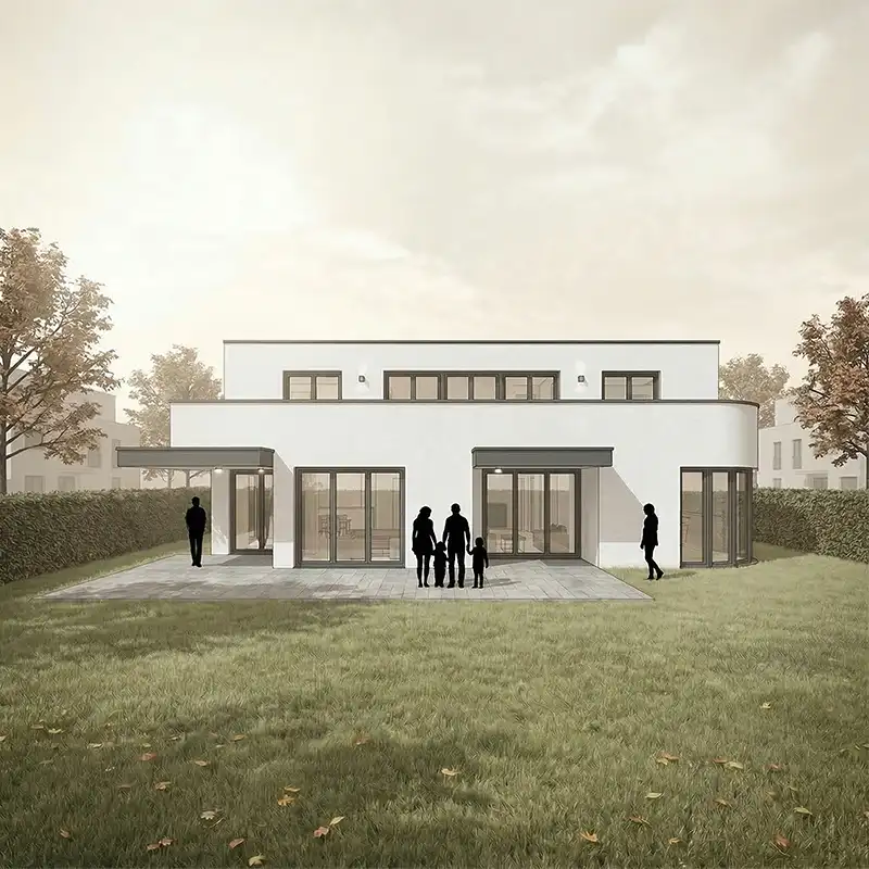 KI-Rendering des modernen Doppelhauses mit Garten und Personen auf Basis des 3D-Modells